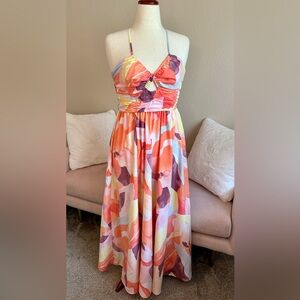 H&M Maxi Sun Dress Gathered Waist Cut Out Front Orange Abstract Strappy Small